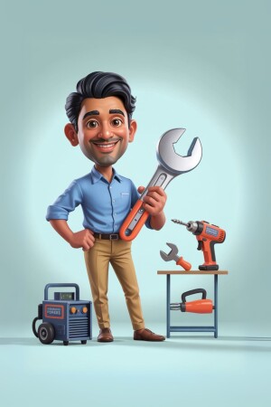 Cartoon illustration of a smiling handyman holding a wrench with tools in the background.