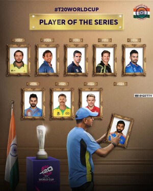 Collage of T20 World Cup Player of the Series winners with the trophy