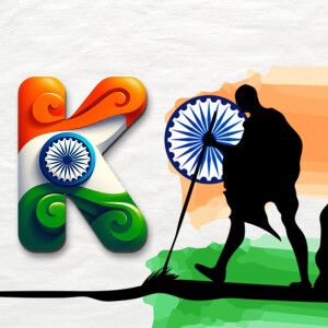 Letter K with Indian flag colors and Mahatma Gandhi sweeping, representing the Swachh Bharat Abhiyan.