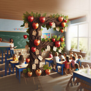 A whimsical apple tree formed from branches with apples and tags, set in a classroom with students and a teacher.