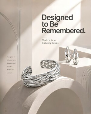 Luxury silver cuff bracelet and matching hoop earrings displayed on modern geometric pedestals.