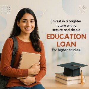 Young woman with books promoting education loans