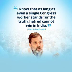 Image of Rahul Gandhi with a quote about truth and hatred in India.
