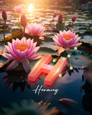 Pink lotus flowers floating on water with a glowing 'H' symbol representing harmony.