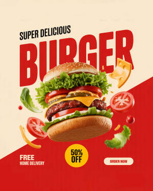A giant gourmet burger floating above a red and cream background with 50% off text and order now button