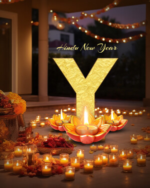 Hindu New Year greeting with illuminated 'Y' and diya lamps