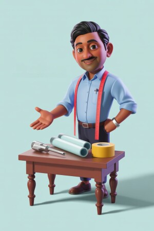 3D rendering of a cartoon man dressed as a constructor with tools on a table.