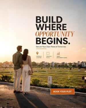 A couple standing in front of an empty residential plot looking at the horizon, with promotional text for real estate investment.