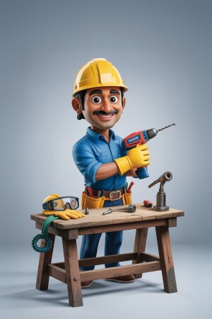 A cartoon illustration of a construction worker holding a power drill.