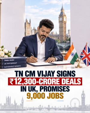 Actor-turned-politician Vijay signing investment deals in London with UK and India flags on desk