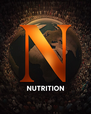 A large orange 'N' superimposed on a globe, surrounded by silhouettes of people, with the word 'NUTRITION' below.