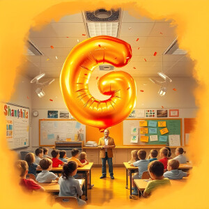 A golden number 6 balloon floats in a classroom with students and a teacher.