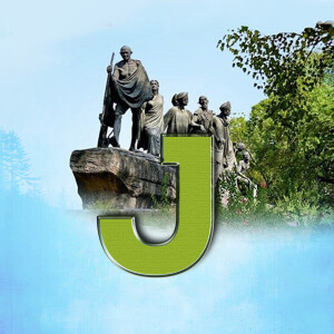 Image depicting Mahatma Gandhi leading the Dandi March with a large letter 'J' in the foreground.