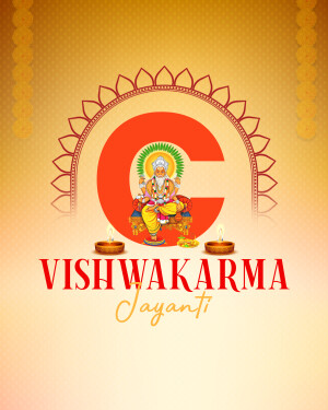Vishwakarma Jayanti greeting with Lord Vishwakarma and decorative elements