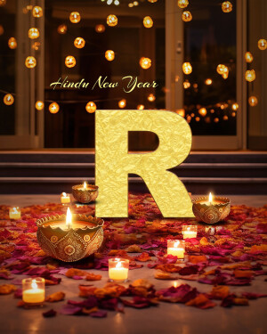 Golden letter 'R' with candles and flower petals for Hindu New Year