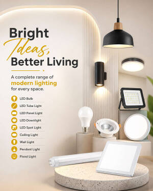 A collection of various modern LED lighting fixtures including bulbs, panels, and spotlights on a beige background.