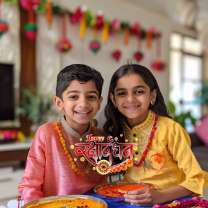 Two smiling children, a brother and sister, celebrating Raksha Bandhan.