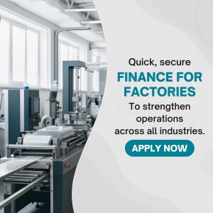 Image depicting factory machinery with text promoting finance options.