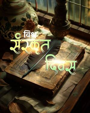 An open antique book with a quill pen and glowing Sanskrit text.