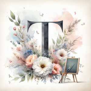Watercolor painting of the letter T adorned with flowers and foliage