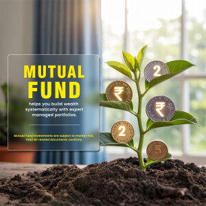 Image depicting mutual fund investment growing like a plant with Indian Rupees coins.