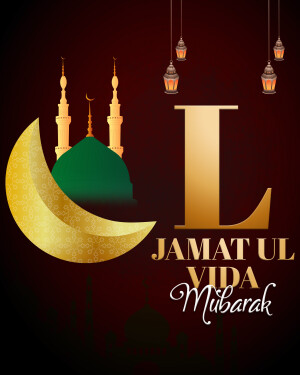 Islamic greeting card with crescent moon, mosque, and text 'Jamat Ul Vida Mubarak'