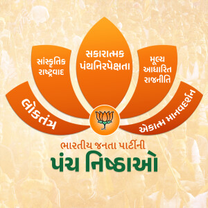 BJP's Panch Nishthayen logo with lotus flower and text in Gujarati