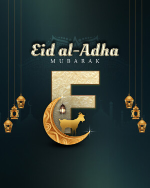 Eid al-Adha Mubarak with Crescent Moon and Goat Illustration
