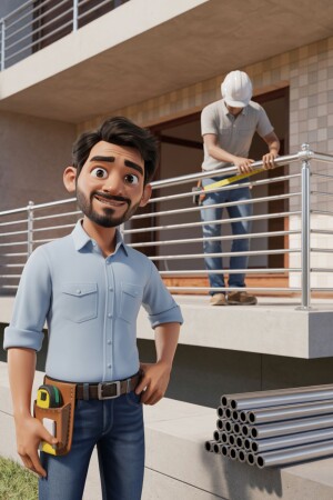 Cartoon illustration of two construction workers, one smiling at the camera and the other measuring a railing.