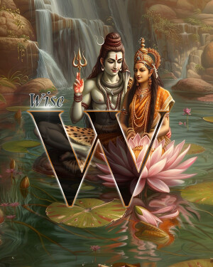 Lord Shiva and Goddess Parvati with a stylized letter 'W' in a lotus pond.