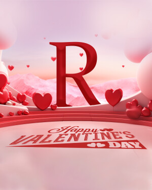 A 3D rendering of the letter 'R' surrounded by hearts and a Valentine's Day message.