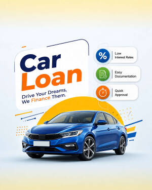 A bright blue sedan featured on a promotional graphic for car loan services with icons for low interest, easy documentation, and quick approval.