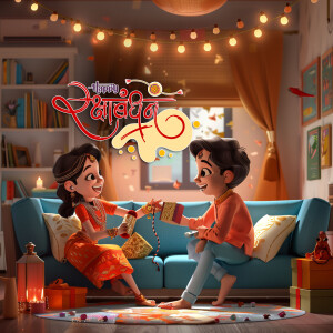 Cartoon illustration of a brother and sister celebrating Raksha Bandhan