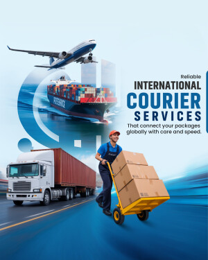 Image depicting international courier services with a plane, ship, truck, and delivery person.