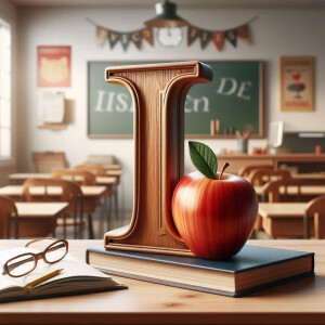 A wooden letter 'I' with an apple on top of a book in a classroom setting.