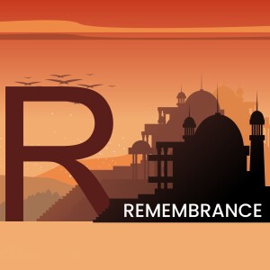 Silhouette of Rajasthan landscape with a large letter 'R'