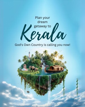 A surreal image promoting tourism in Kerala, India, featuring a floating island with iconic landmarks.