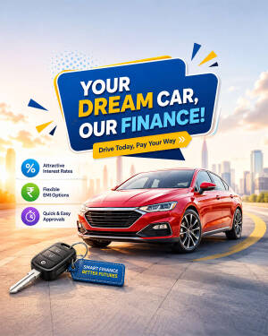 A red car parked on a road with a car key in the foreground and text about car financing options.