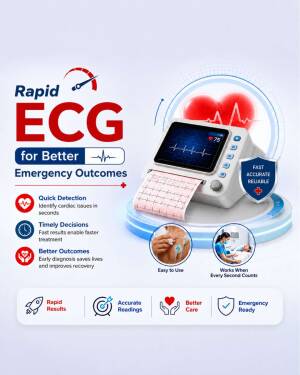 Portable ECG monitor device showing heart rate and readout paper strip with medical icons