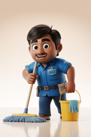 3D rendering of a cheerful cartoon janitor holding a mop and bucket