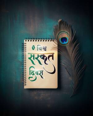 Notebook with Sanskrit writing and a peacock feather