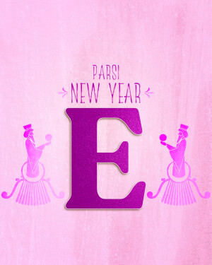 Parsi New Year graphic with a large letter E and traditional figures
