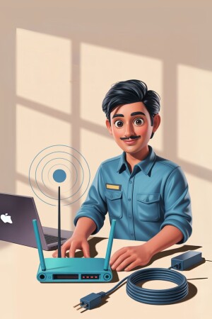 Illustration of a tech support worker with a router and laptop