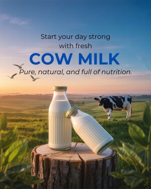 Two bottles of milk on a wooden stump with a cow and birds in the background