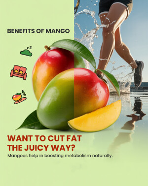 Image depicting mangoes and a person running, promoting mangoes for weight management.