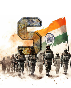 Poster featuring a large '5' with the Indian flag and soldiers in uniform.