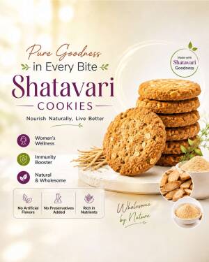 Stack of nutritious Shatavari cookies with healthy ingredient icons and text