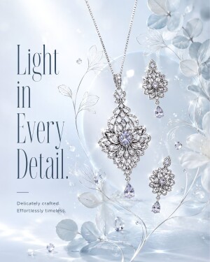 A luxurious diamond necklace and earring set displayed against a soft, ethereal blue floral background.