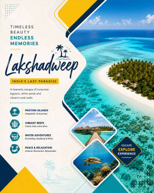 Tourism poster for Lakshadweep islands showing turquoise lagoons, tropical beaches, and marine life
