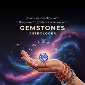 A hand holding a glowing gemstone with astrological symbols in the background.